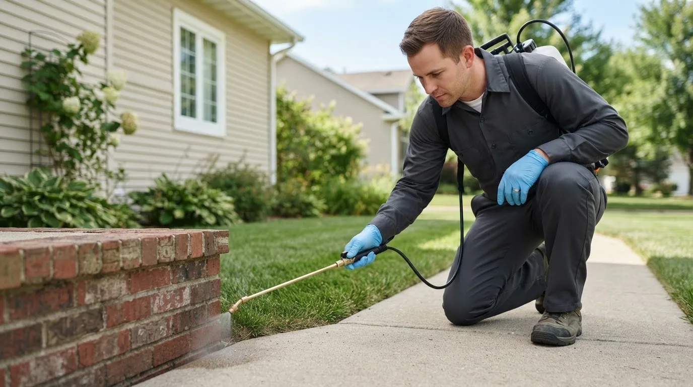 Pest control technician treating a home near Hume, VA